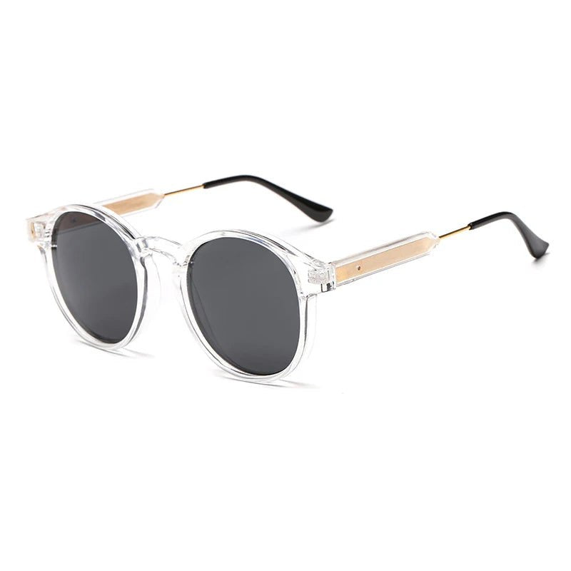 Lightweight round frame vintage sunglasses for men and women, classic dark lenses.