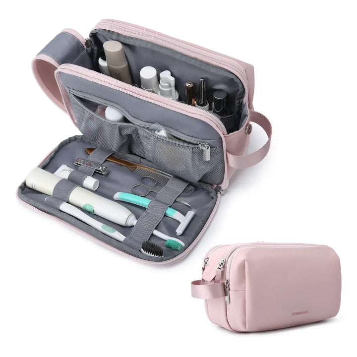 Unisex water-resistant travel toiletry bag with multiple compartments for organized travel essentials.