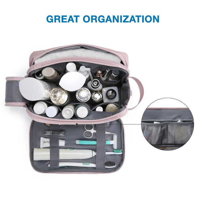 Multi-compartment travel toiletry bag. Organize your cosmetics & grooming essentials easily.