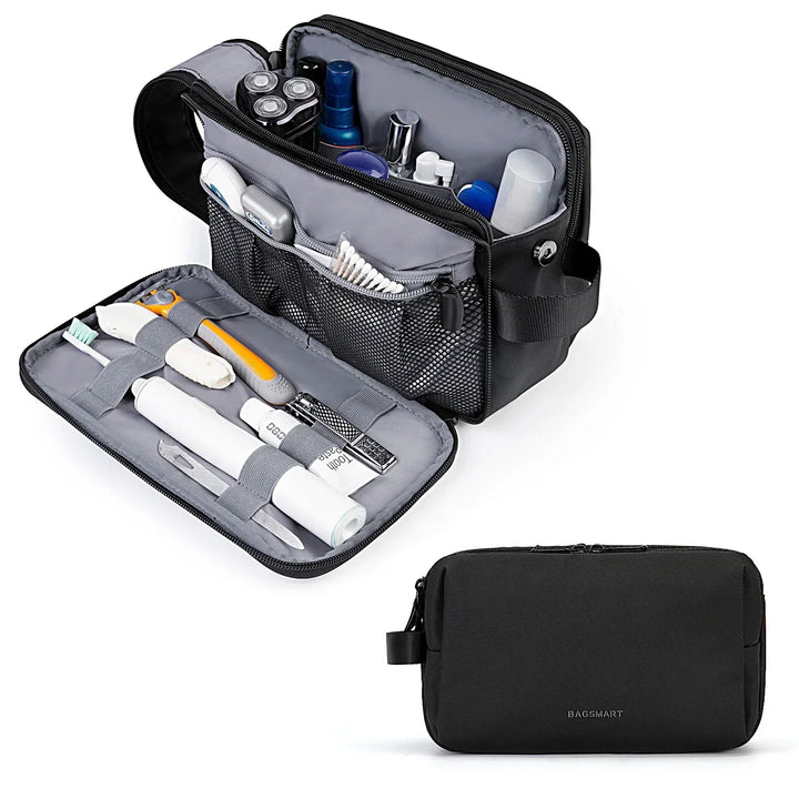 Portable water-resistant cosmetic bag. Multi-compartment design for travel grooming kits & organization.