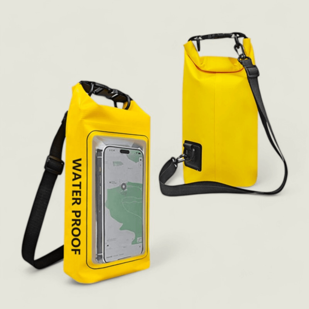 Unisex waterproof phone pouch for beach trips & outdoor adventures. Protects smartphones from water & sand.