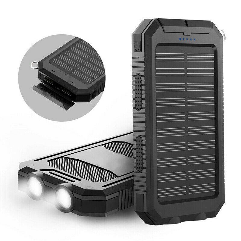 Tech gadget: Waterproof solar power bank, rugged design with dual USB ports for outdoor use & travel.