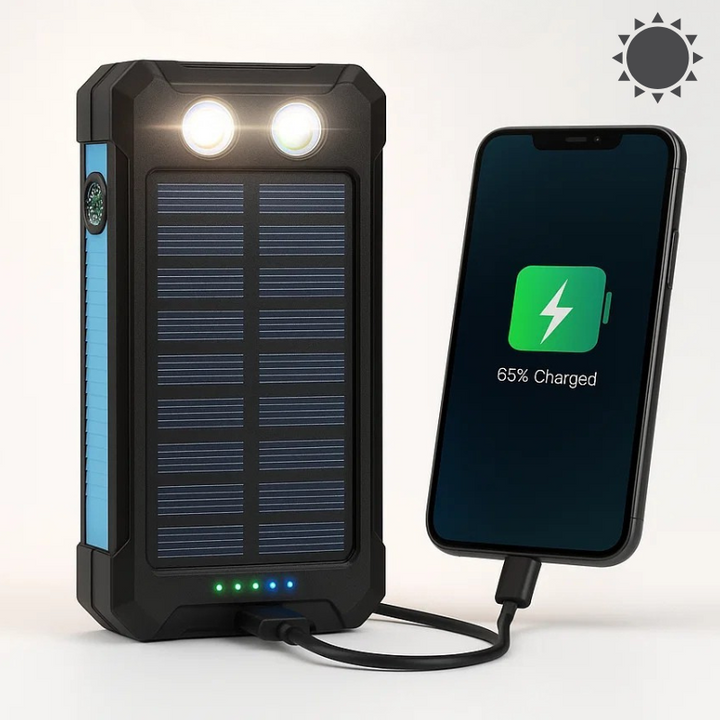 Sleek unisex waterproof solar power bank, portable & durable. Charge multiple devices with dual USB.