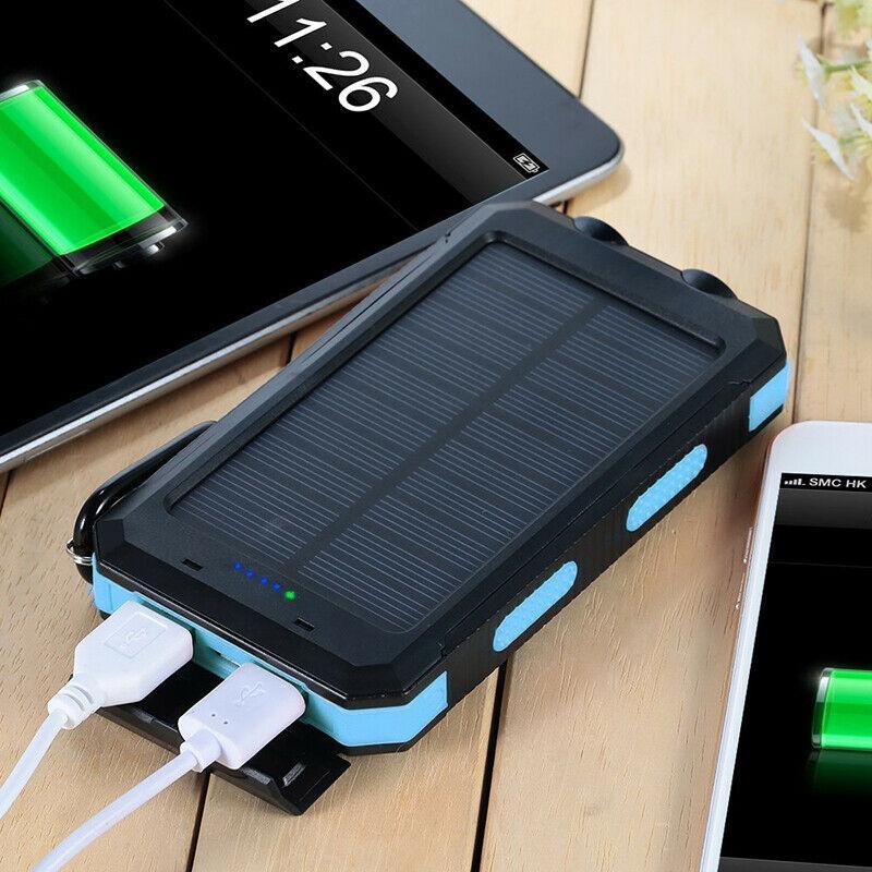 Durable waterproof solar power bank for camping, hiking, & outdoor adventures. Fast dual USB charging.