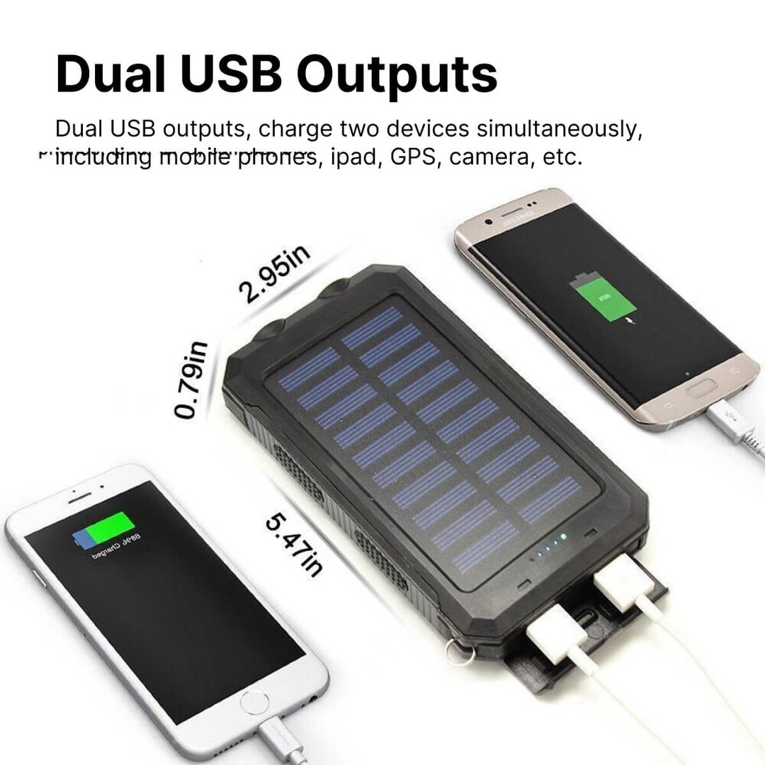 Portable solar charger power bank, waterproof design with dual USB ports. Essential outdoor tech gadget.