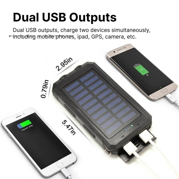 Portable solar charger power bank, waterproof design with dual USB ports. Essential outdoor tech gadget.