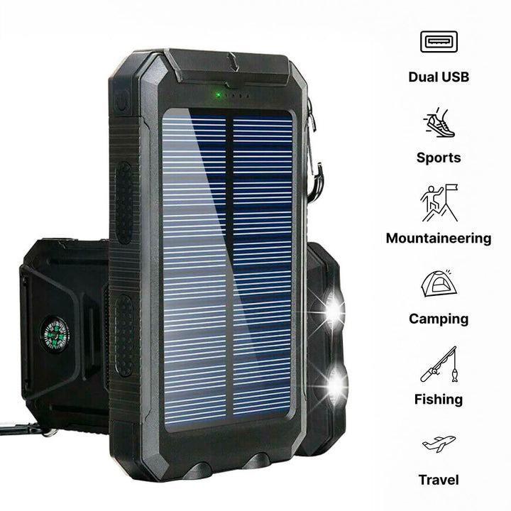Emergency waterproof solar power bank, perfect for outdoor gear, with convenient dual USB charging.