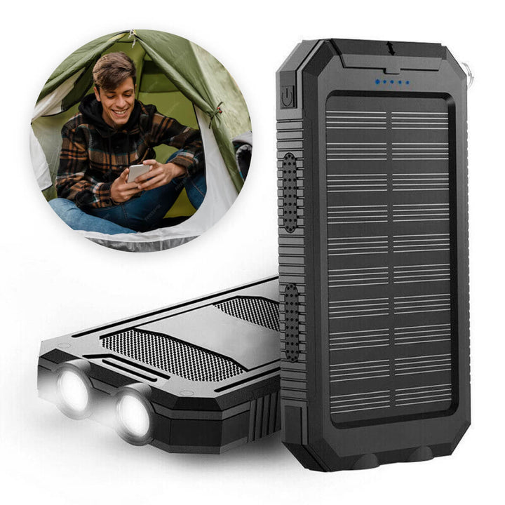 Robust unisex solar power bank, waterproof and portable with dual USB output for all your devices.