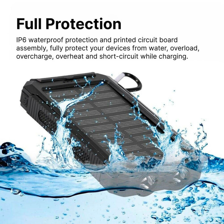 Compact waterproof solar power bank featuring dual USB ports for efficient outdoor device charging.