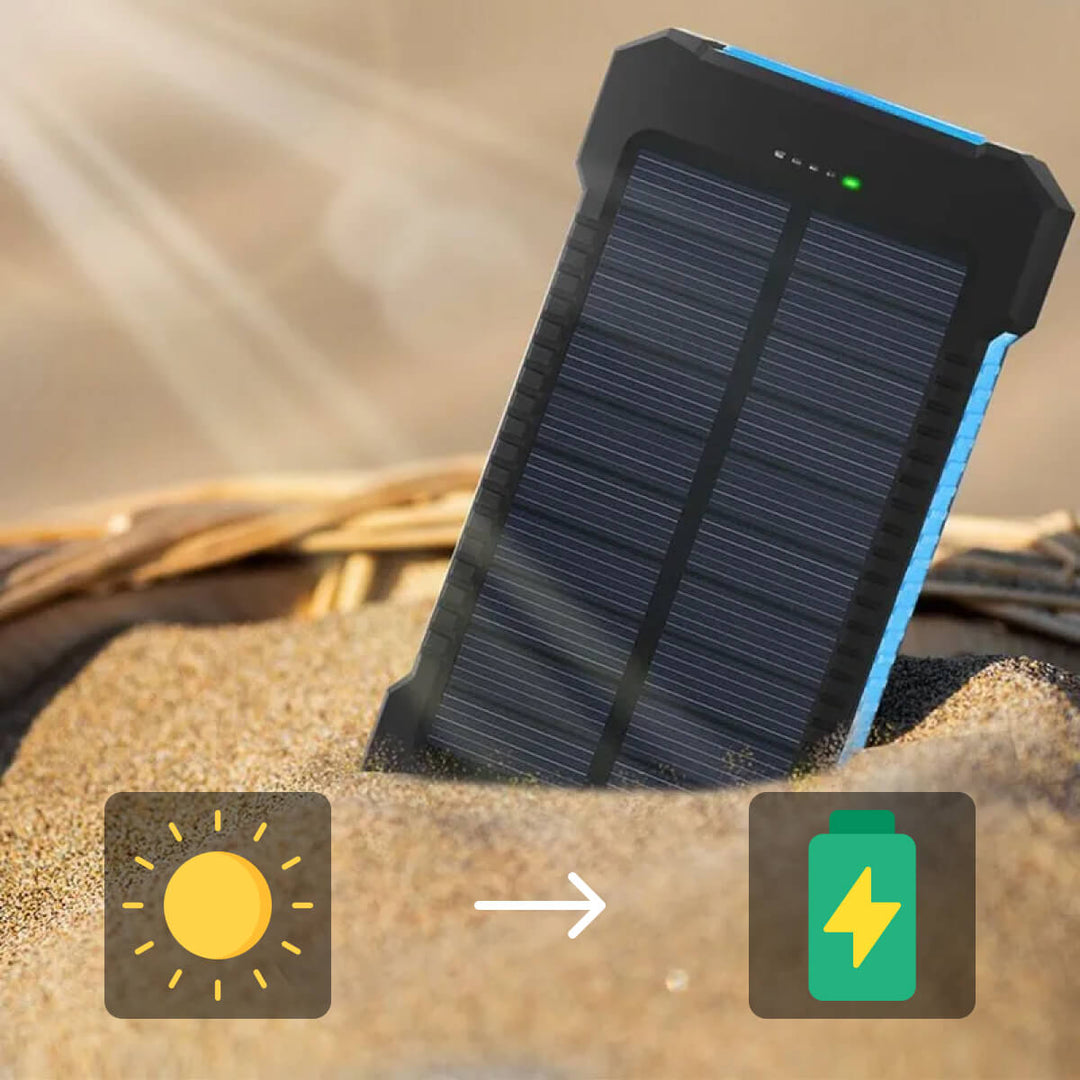 Adventure-ready waterproof solar power bank with dual USB. A must-have portable charger for outdoors.