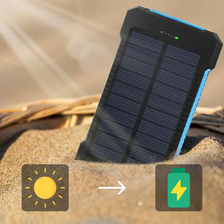 Adventure-ready waterproof solar power bank with dual USB. A must-have portable charger for outdoors.