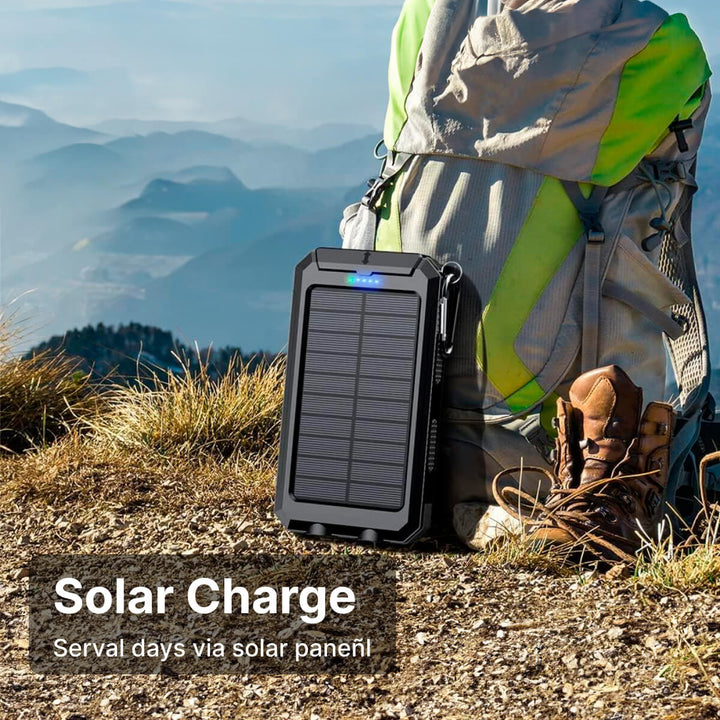 High-capacity waterproof solar power bank, dual USB for phones & tablets. Great for camping trips.