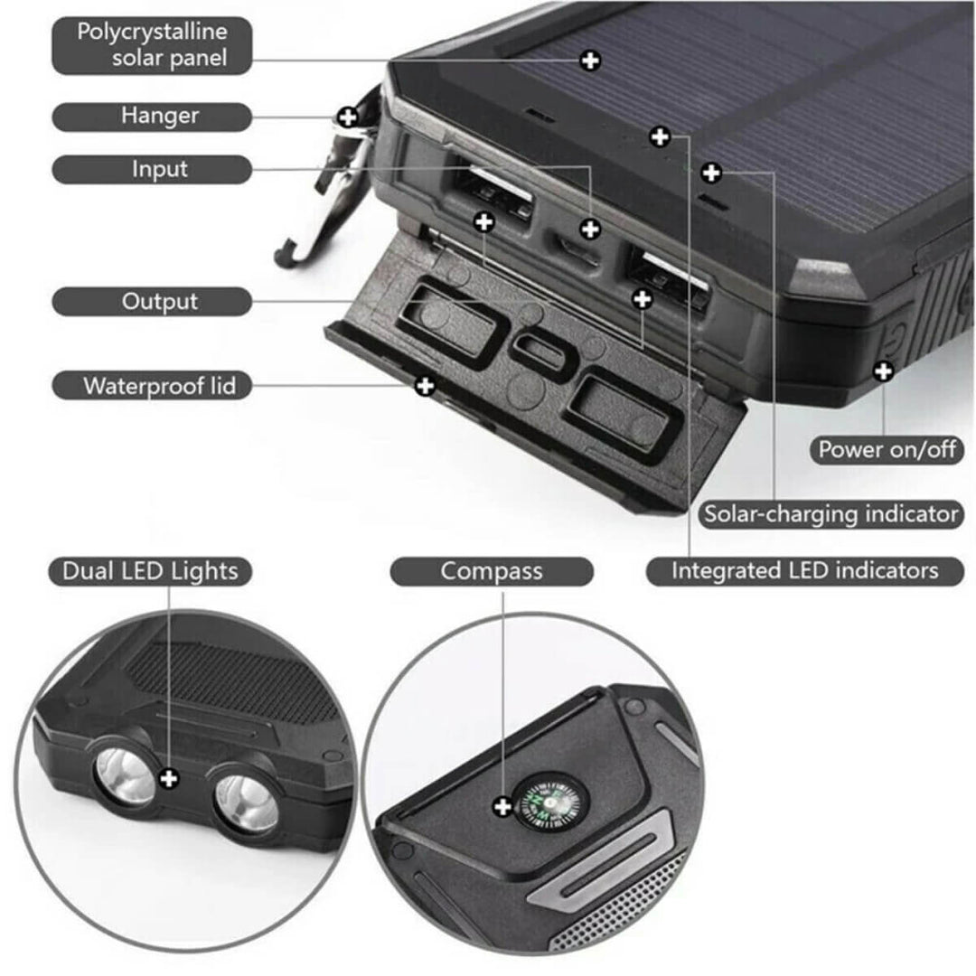 Reliable unisex solar power bank, waterproof & portable. Keep devices charged with dual USB ports.