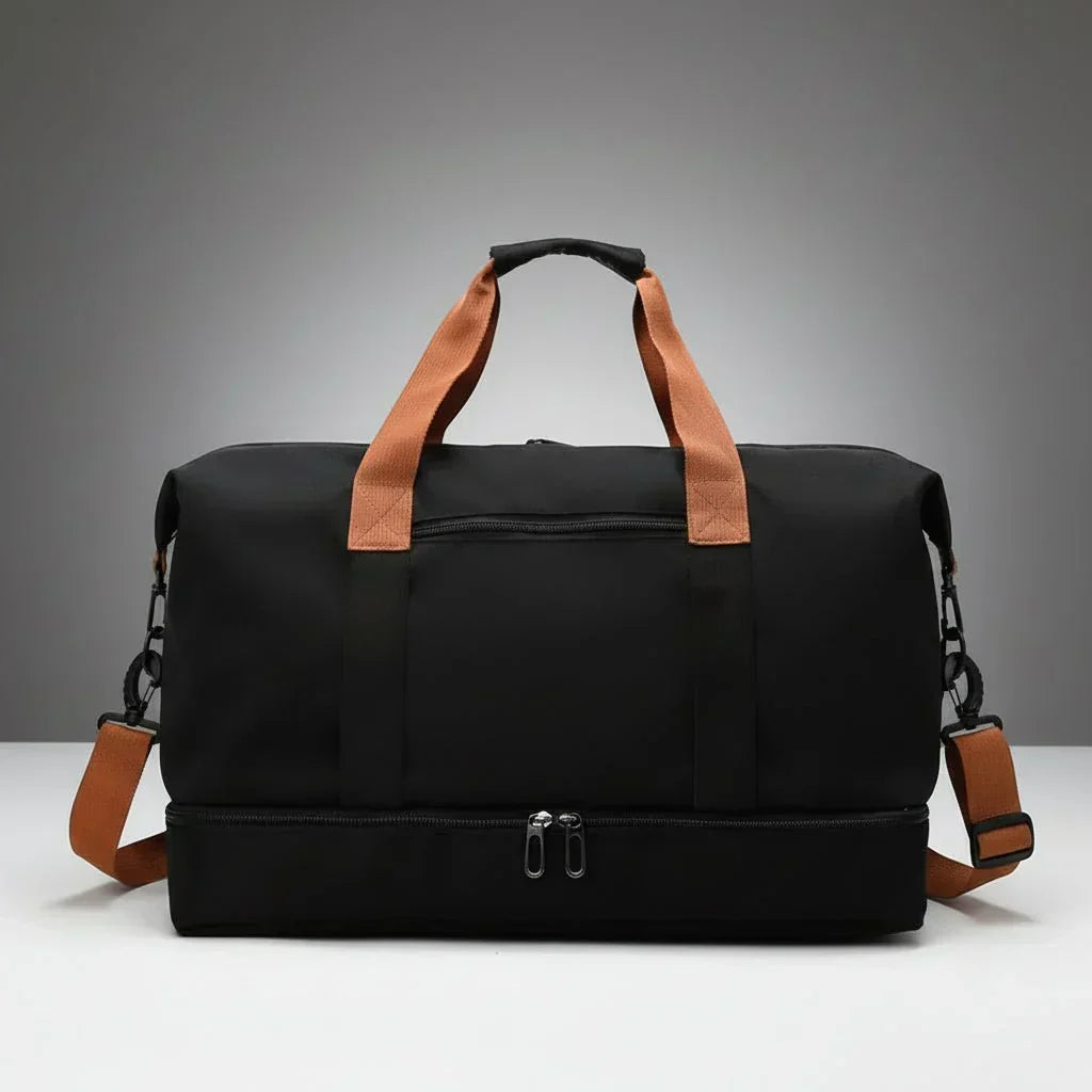 Spacious unisex duffel bag for gym & travel, designed with multiple compartments including a shoe pocket.