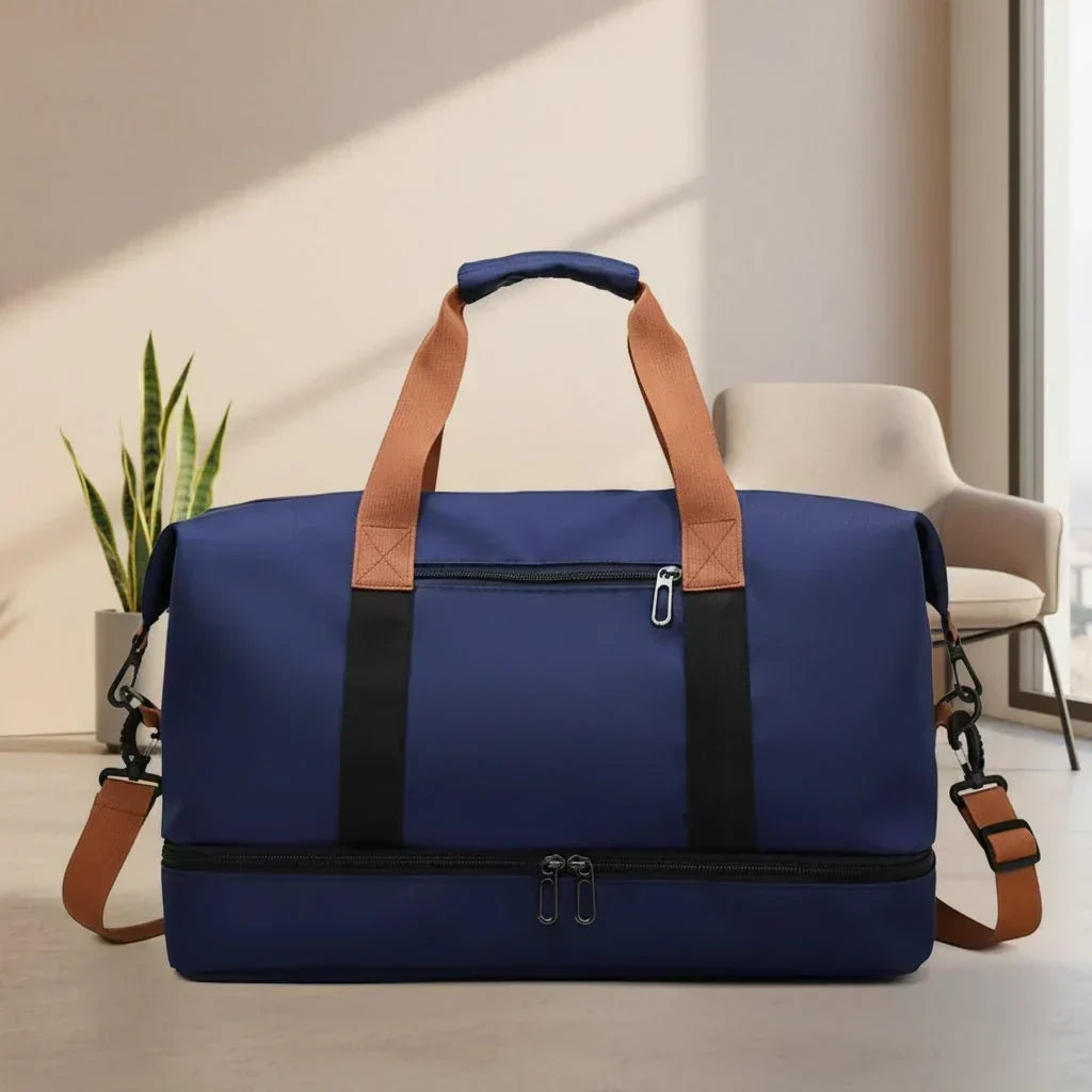 Versatile weekender bag, durable fabric, perfect for short trips or daily gym use, with a smart organization system.