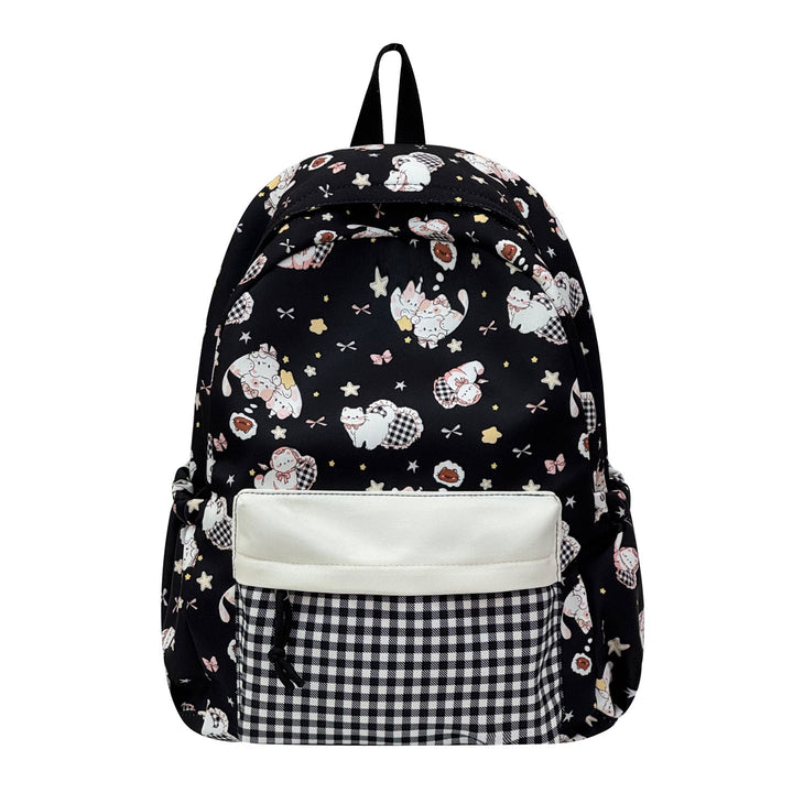Close-up of unique whimsical character print on a durable unisex backpack, great for travel & school.