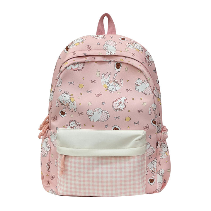 Playful unisex whimsical character print backpack, a unique accessory for students, school, or daily travel.