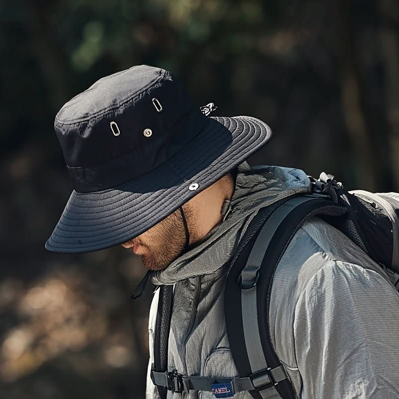 Breathable unisex wide brim sun hat with chin strap. Perfect for sun protection during outdoor sports & travel.