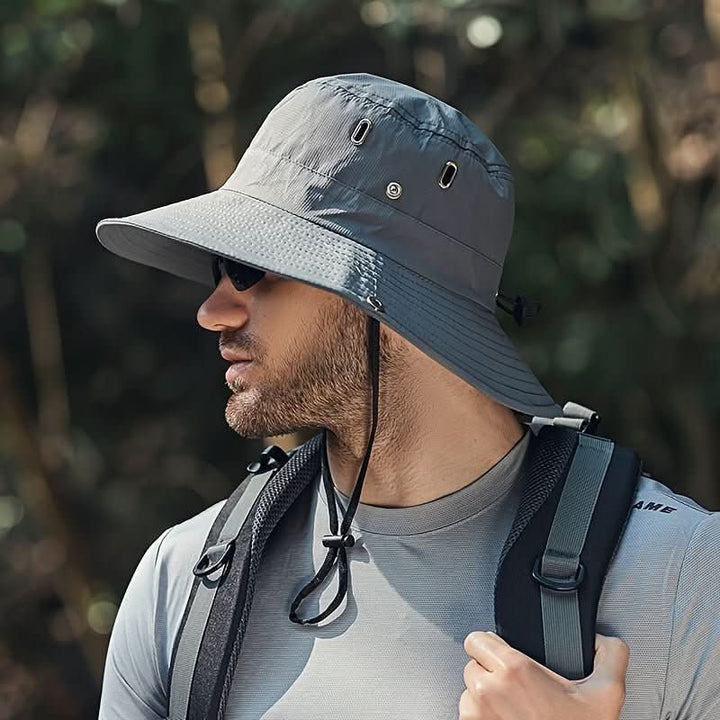 Stylish unisex outdoor sun hat with wide brim, mesh ventilation & secure chin strap. Great for all summer activities.
