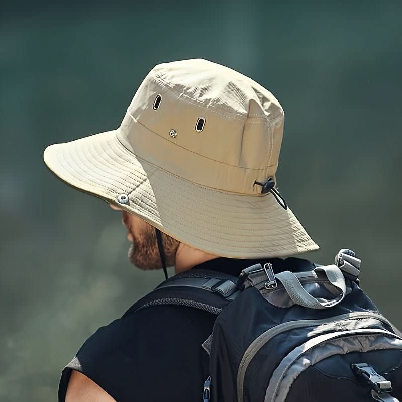 Practical unisex wide brim outdoor sun hat with ventilation and adjustable chin strap for optimal comfort & shade.