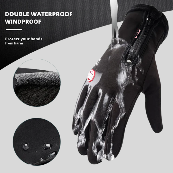 Close-up of black unisex heated winter gloves with fleece lining & touchscreen fingertips for cycling & skiing.