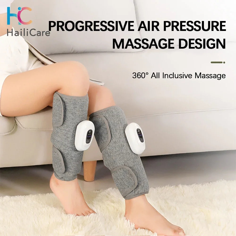 Air compression calf massager provides wireless muscle & tension relief for legs, enhancing wellness.