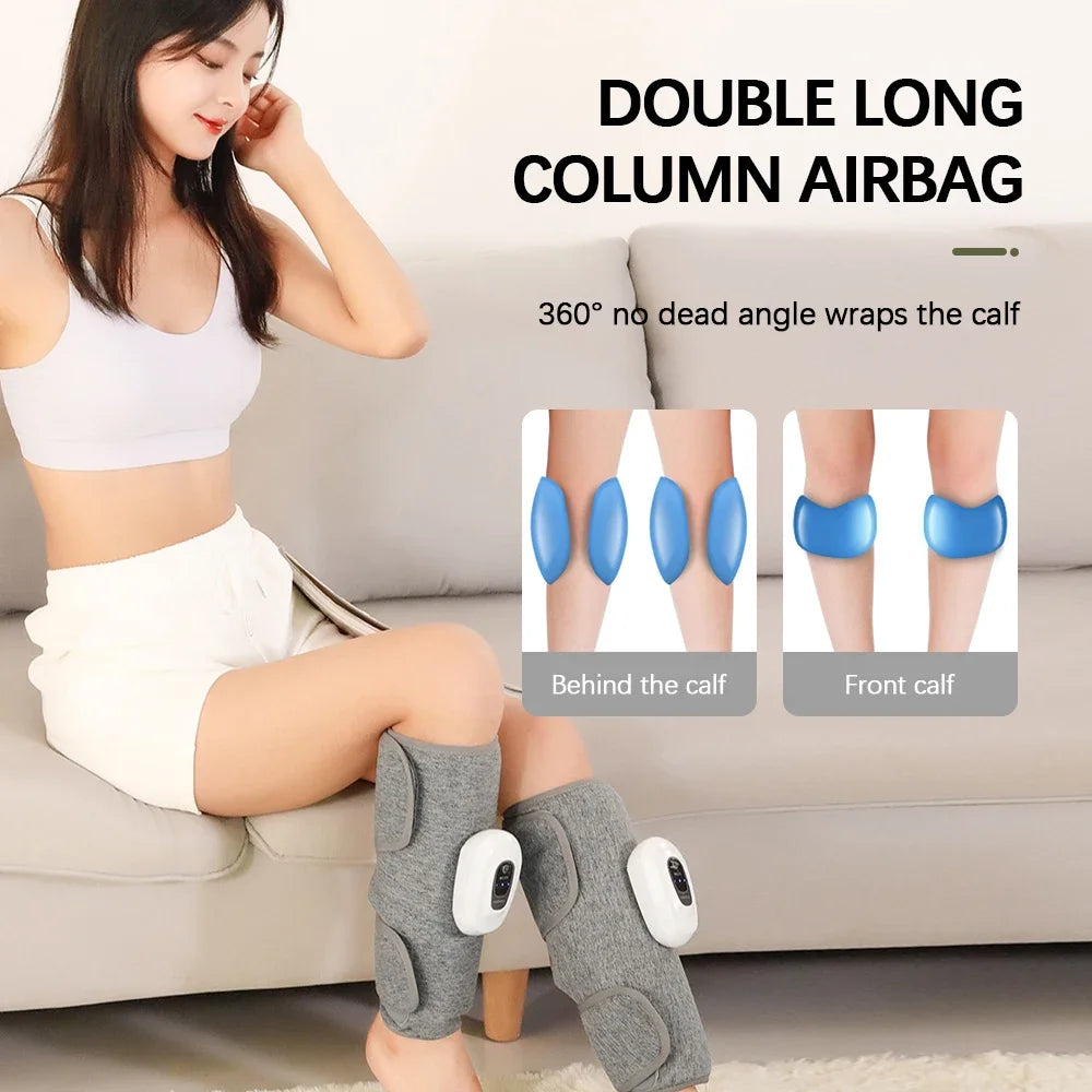 Unisex wireless calf wrap massager applying air compression for tired leg muscle recovery & comfort.