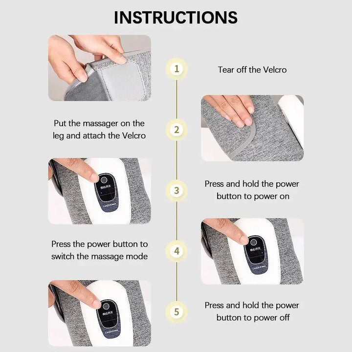 View of the wireless air compression leg massager wrap, designed for unisex calf muscle relief.