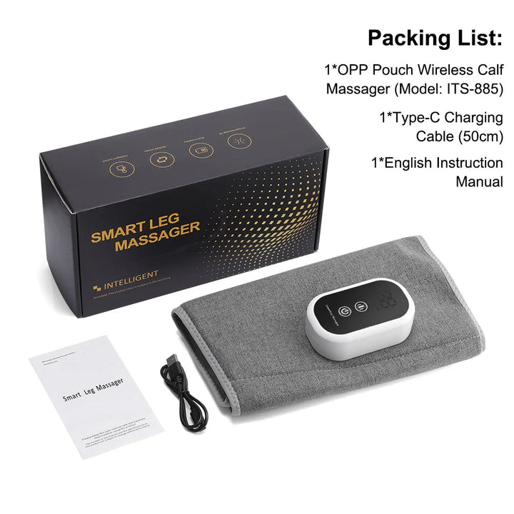 Unisex rechargeable wireless electric leg massager provides air compression for calf muscle relief.