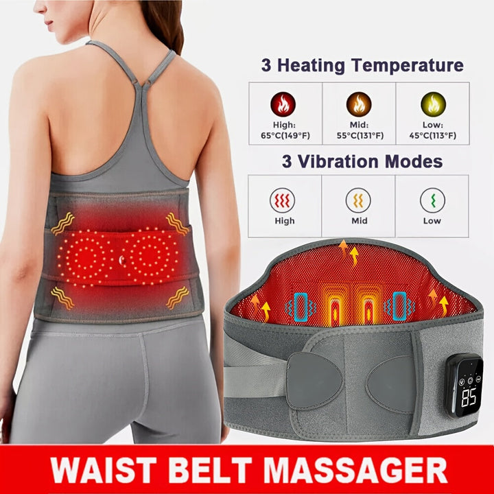 Portable heated massage belt for waist & back, offering 3 heat settings & vibration therapy for comfort.