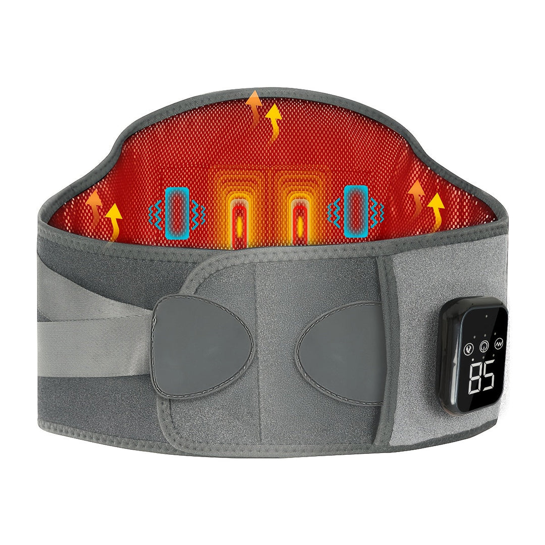 Adjustable heated back support belt with therapeutic vibration for chronic back & waist discomfort.