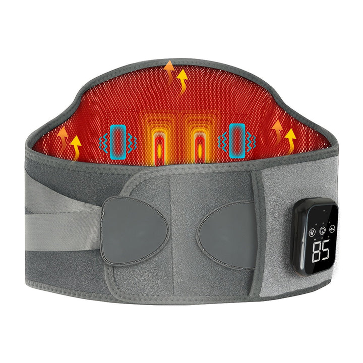 Adjustable heated back support belt with therapeutic vibration for chronic back & waist discomfort.