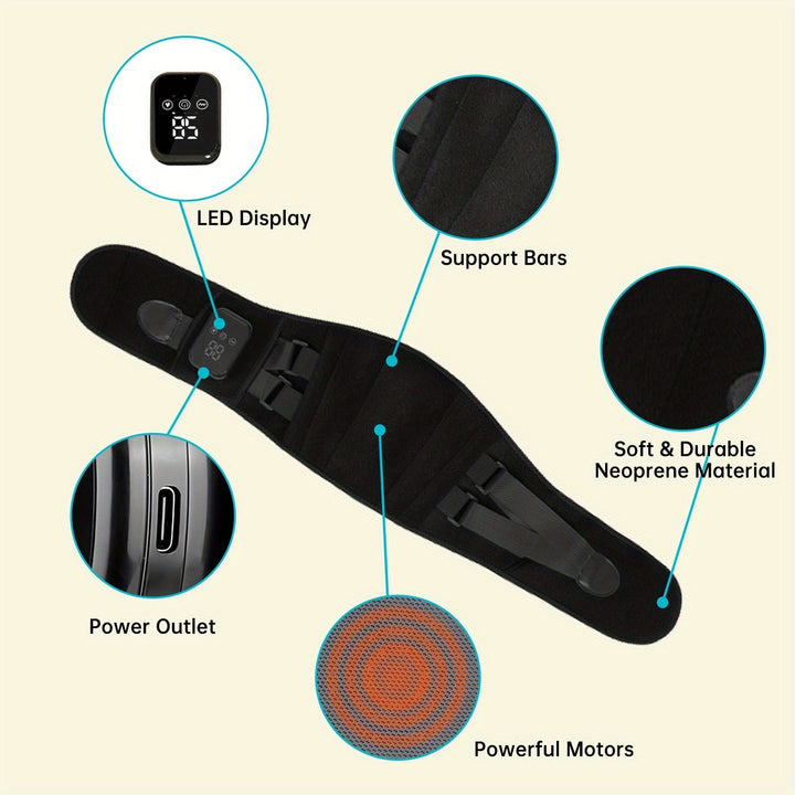 Wireless heated waist massager offering 3 heat levels & powerful vibration for deep muscle relief.
