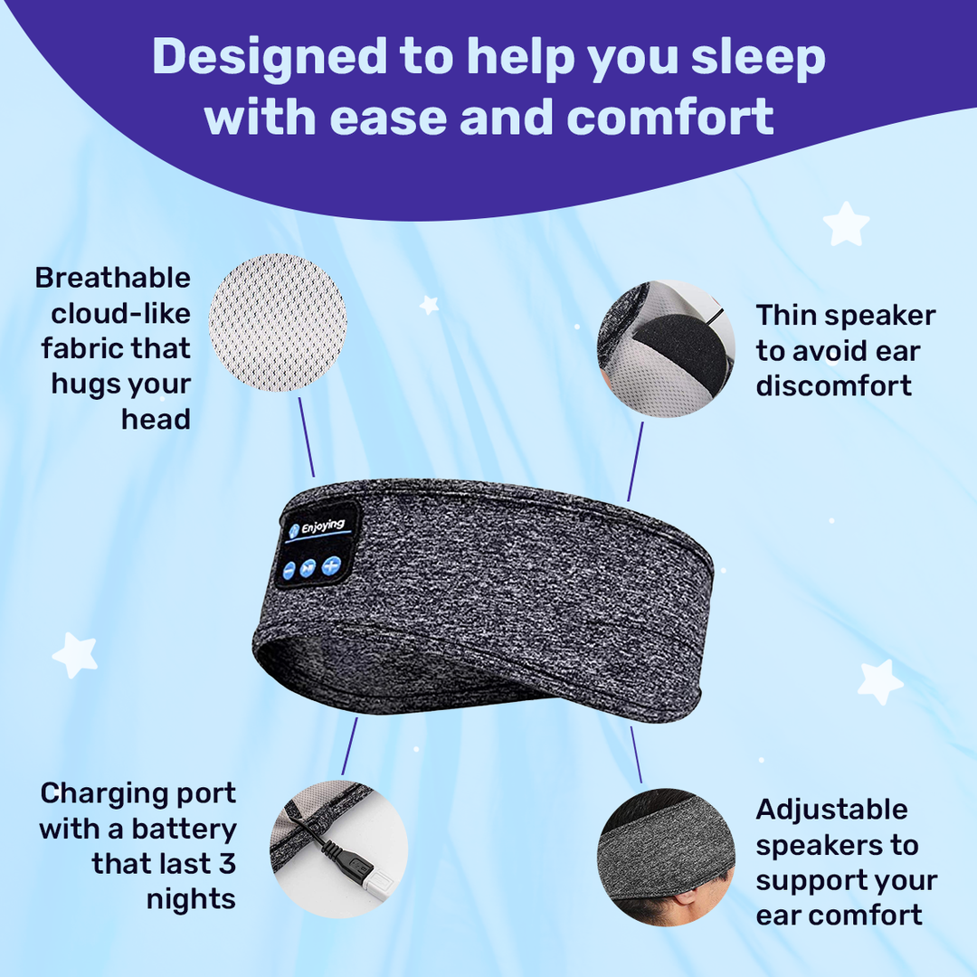 Soft wireless sleep headphones, ideal for side sleepers and relaxation.