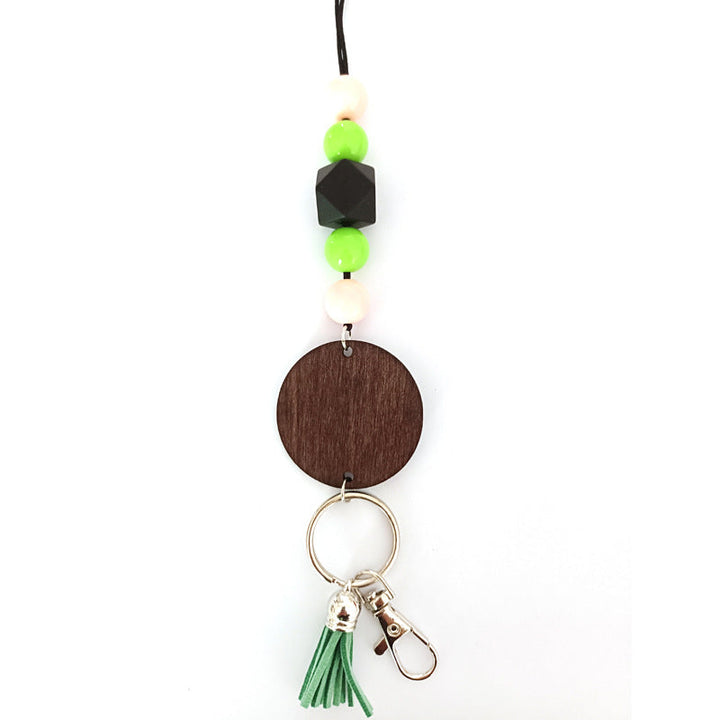 Versatile unisex wooden beaded keychain, doubles as a stylish key holder & colorful bag charm accessory.