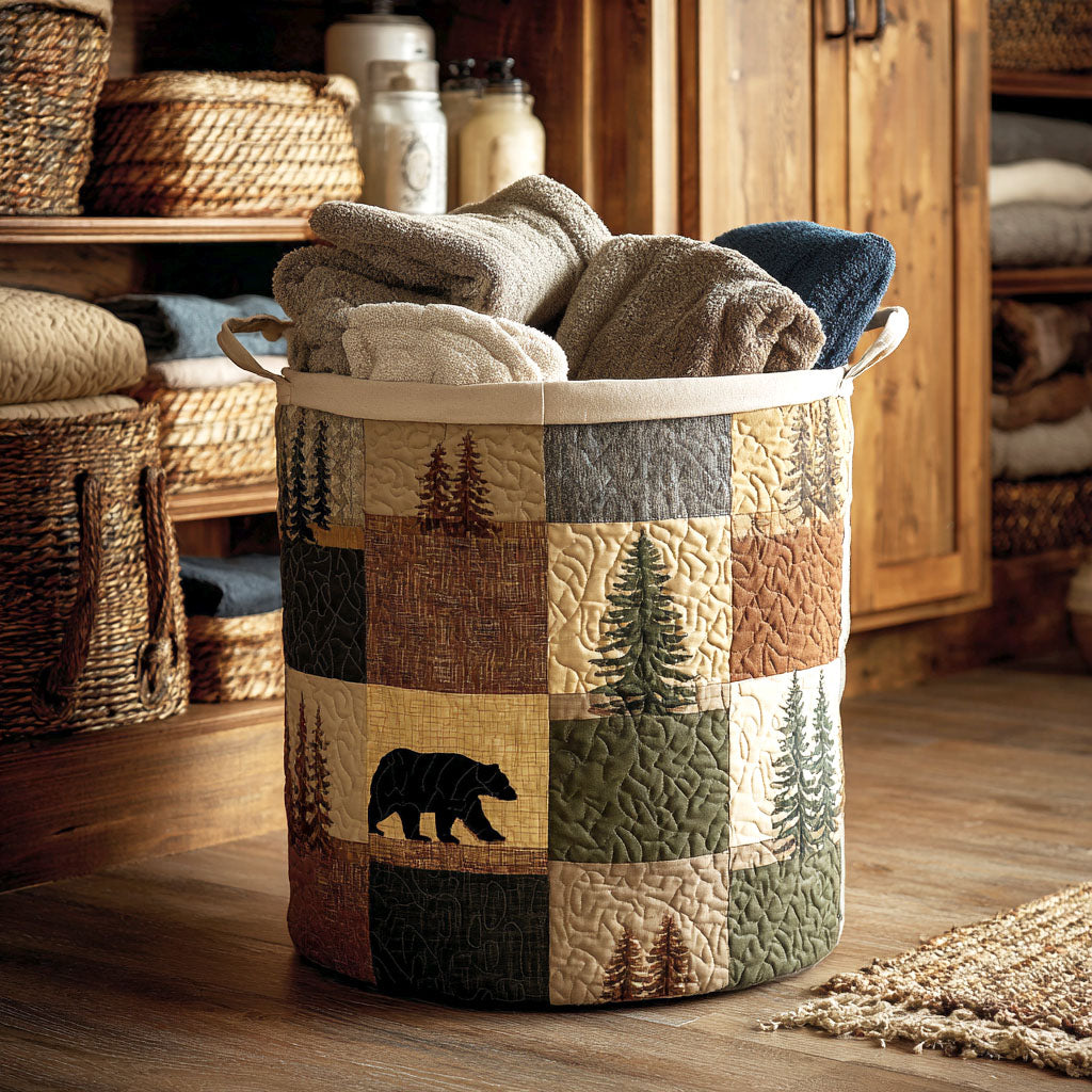 Unisex Woodland Patch Quilted Laundry Basket. Fabric storage for kids room, bedroom, or living room organization.