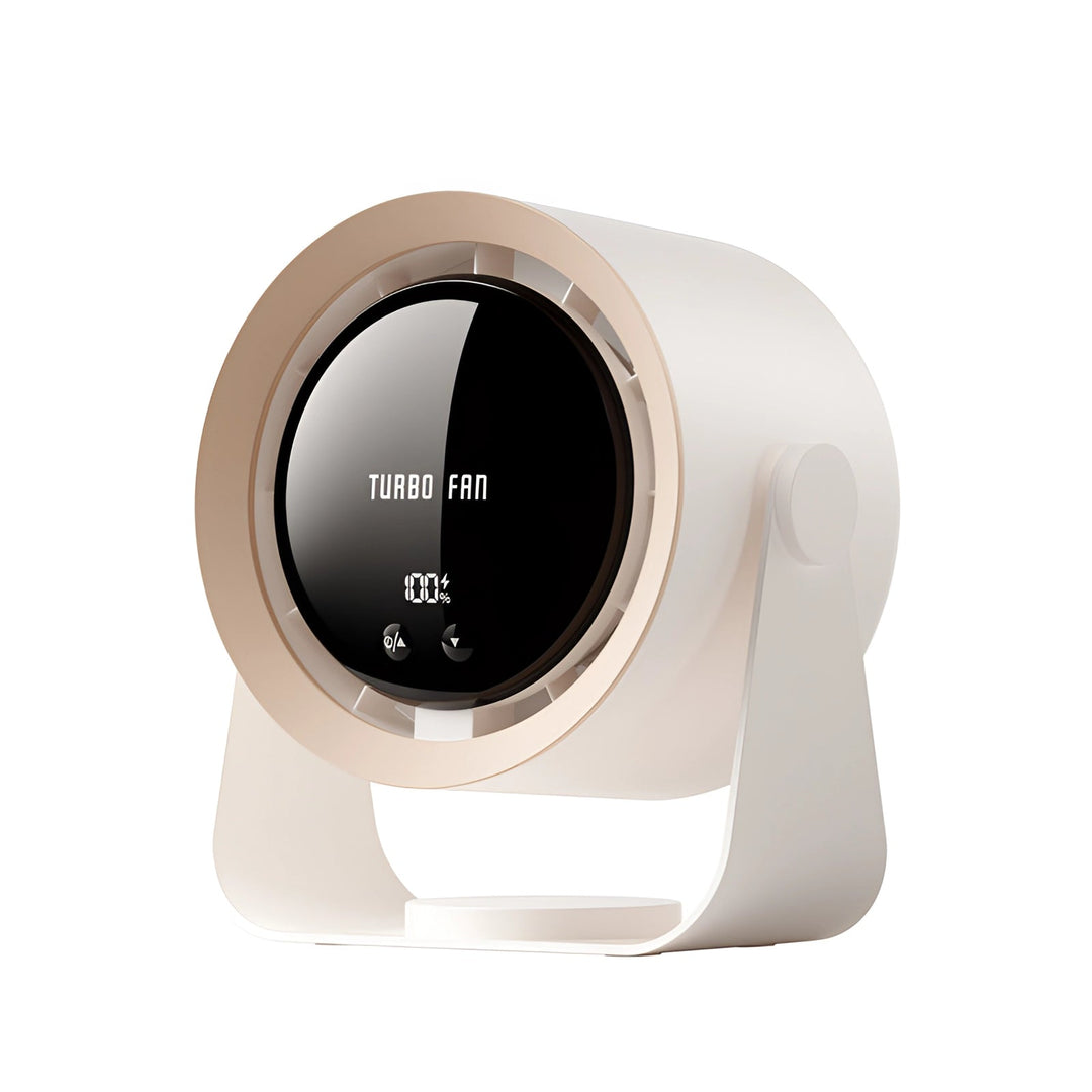 Quiet bladeless desk fan, modern LED air circulator for peaceful home cooling.