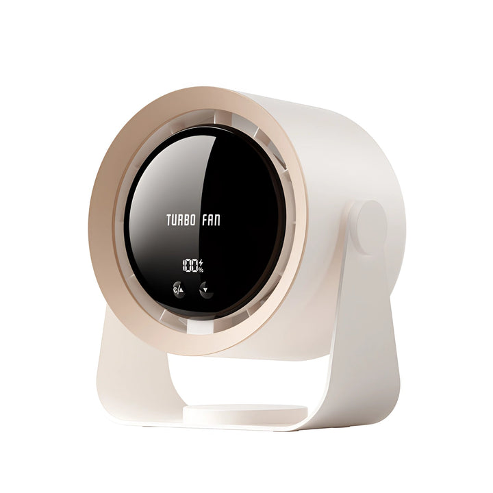 Quiet bladeless desk fan, modern LED air circulator for peaceful home cooling.