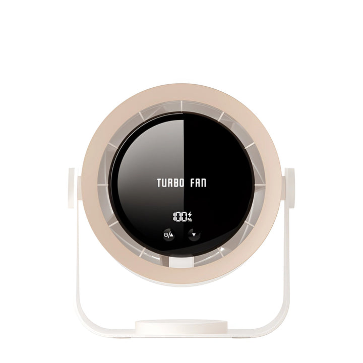 Elegant bladeless desk fan with LED, quietly circulating air for office or home cooling.