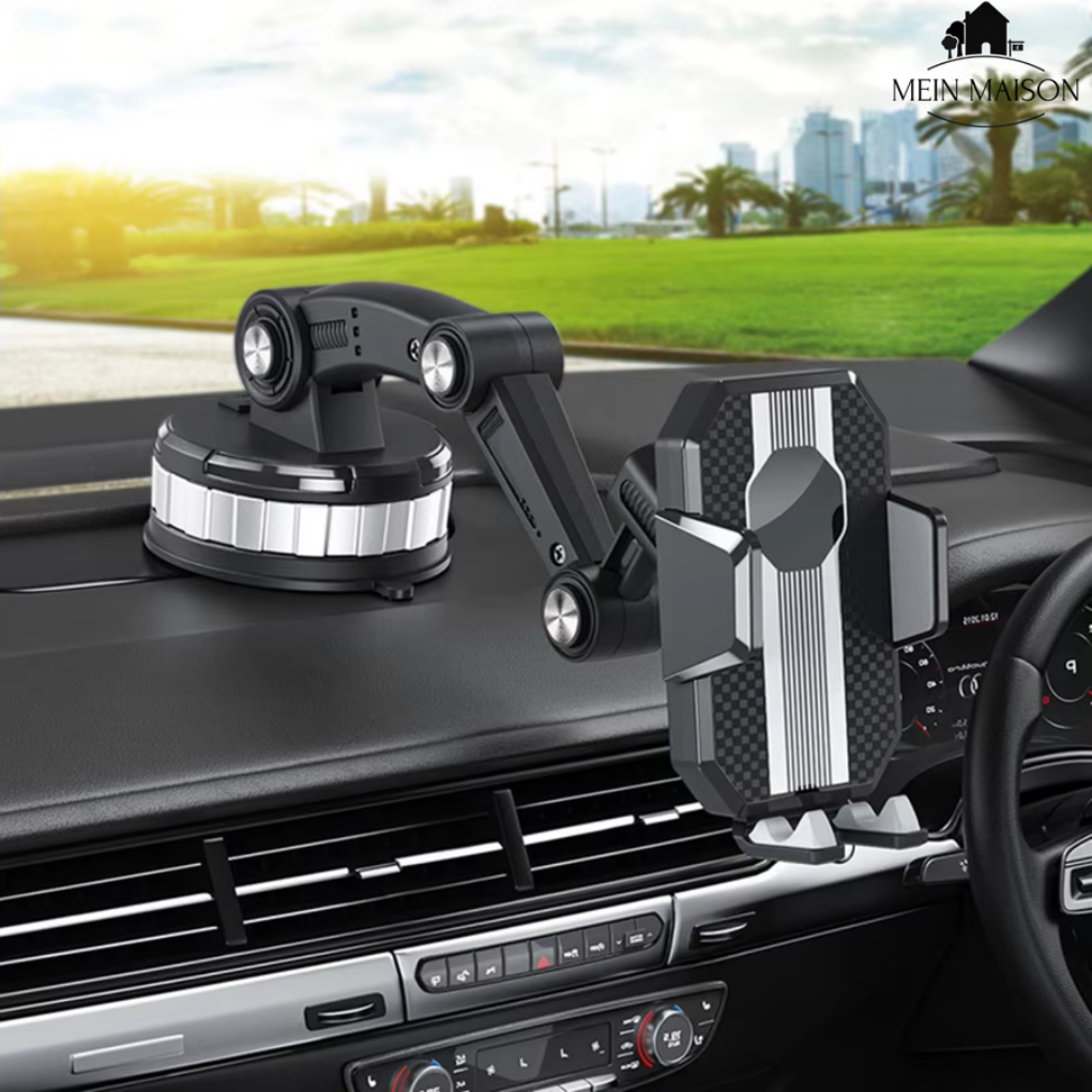 Universal car phone mount, 360° rotation for hands-free smartphone navigation on dashboard or windshield.