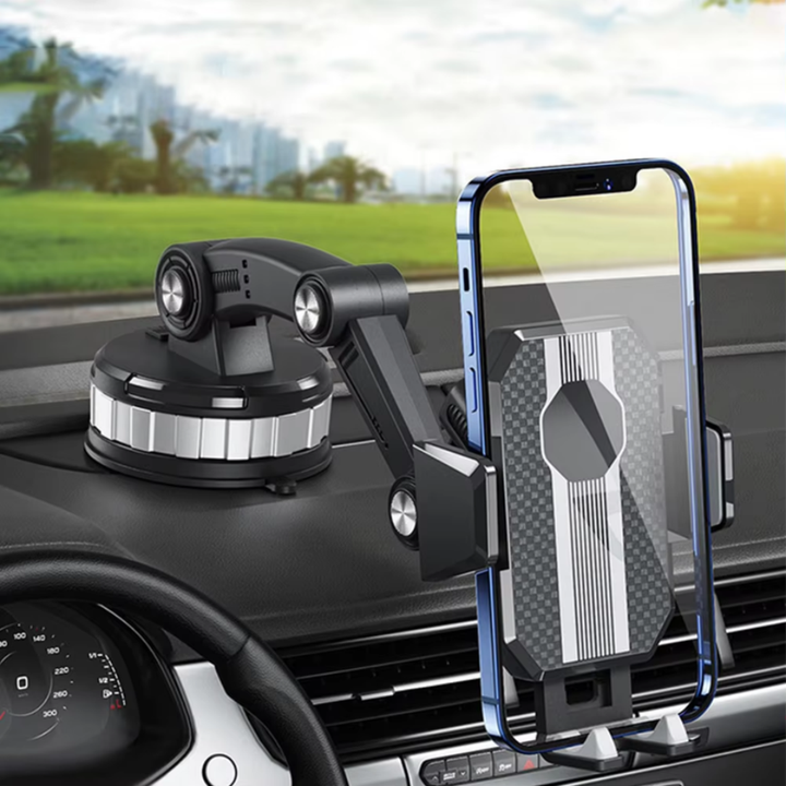 Secure universal car phone holder, 360-degree rotating dashboard & windshield mount for all smartphones.