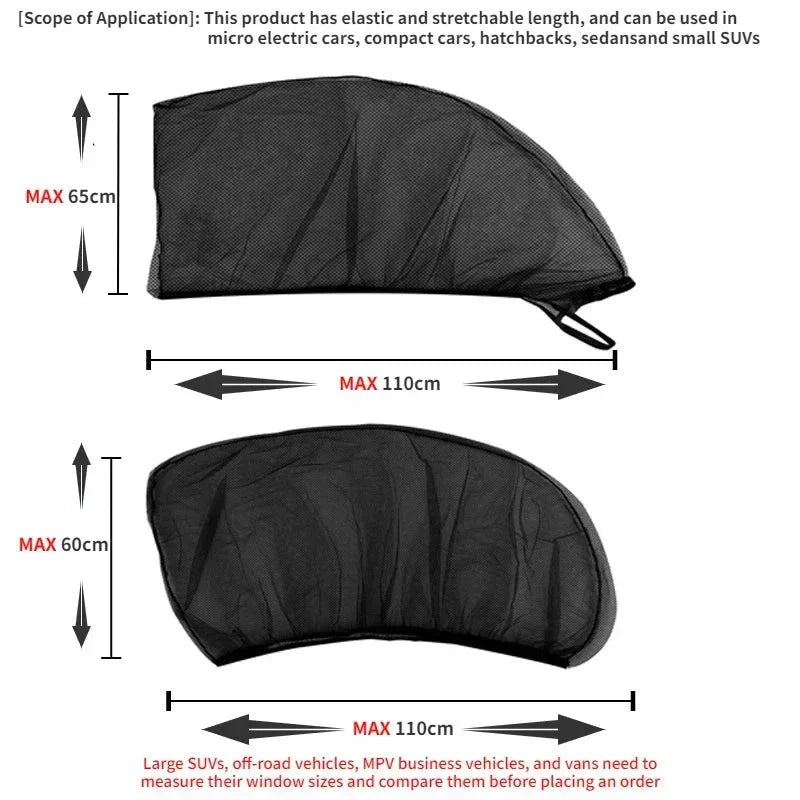 Auto sun shade mesh for car windows. Universal fit for SUVs, provides UV protection, privacy & keeps bugs away.