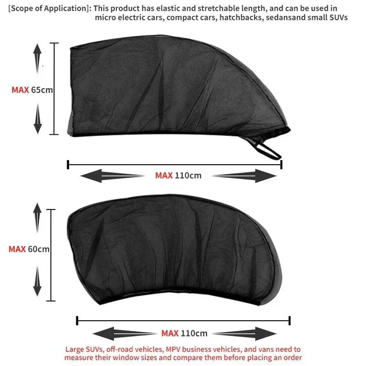 Auto sun shade mesh for car windows. Universal fit for SUVs, provides UV protection, privacy & keeps bugs away.