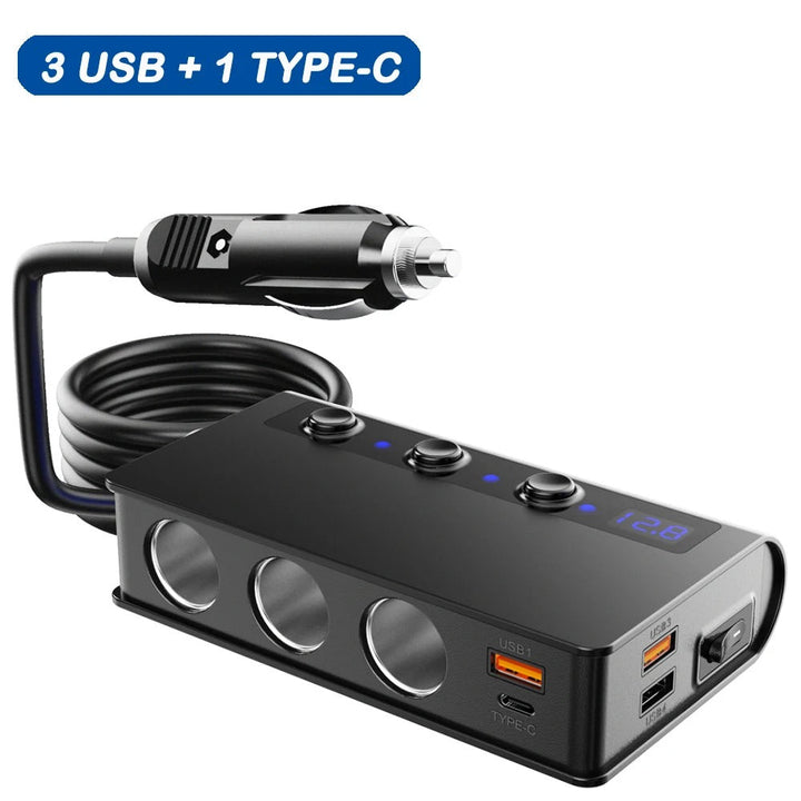 High-speed fast car charger adapter: a universal multi-port USB power hub for quick vehicle charging.