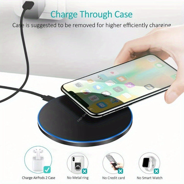 Sleek universal fast wireless charging pad. Essential desk accessory for iPhone & Android smartphone power.