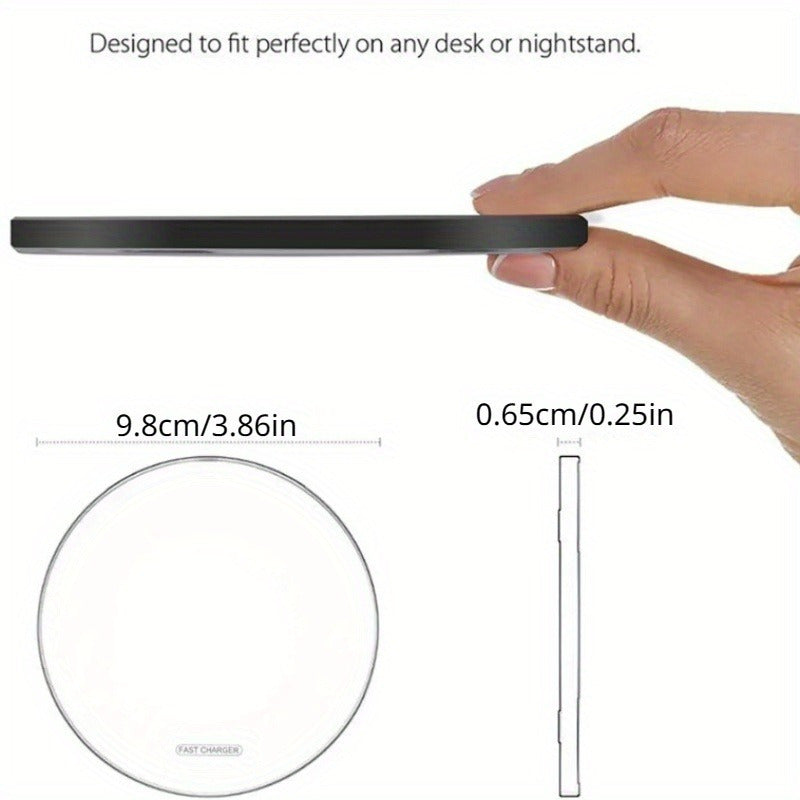 Compact, cordless fast wireless charging pad. Universal smartphone accessory for iPhone & Android tech.