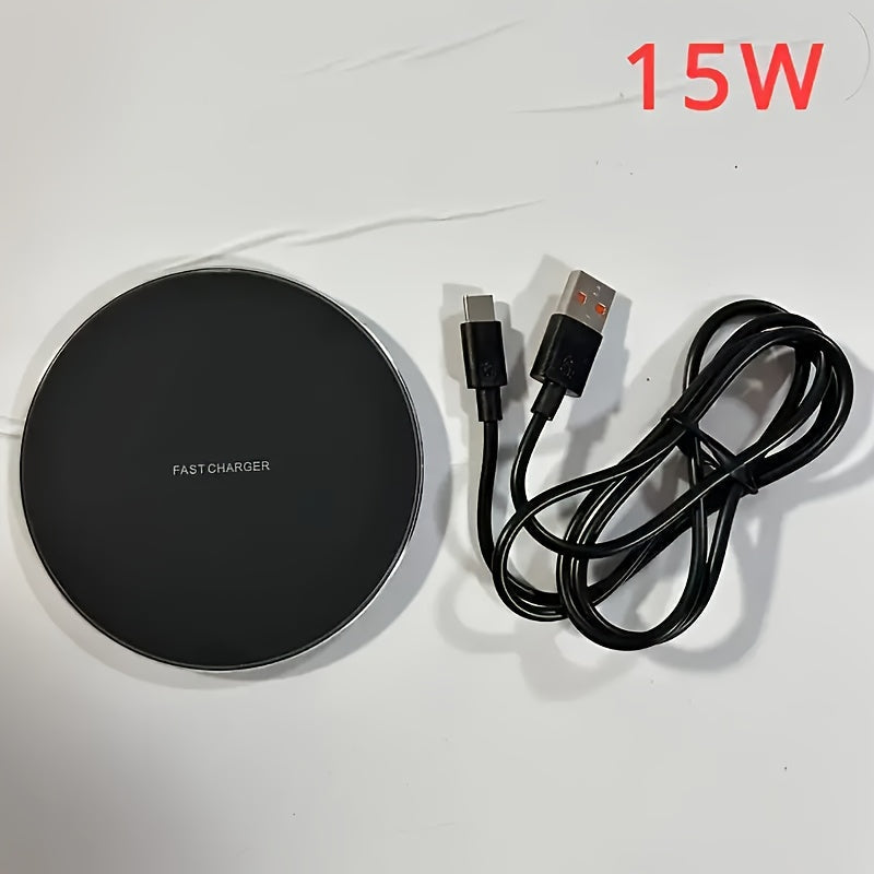 High-speed universal wireless charger for smartphones. Fast charging pad for iPhone & Android desk setup.