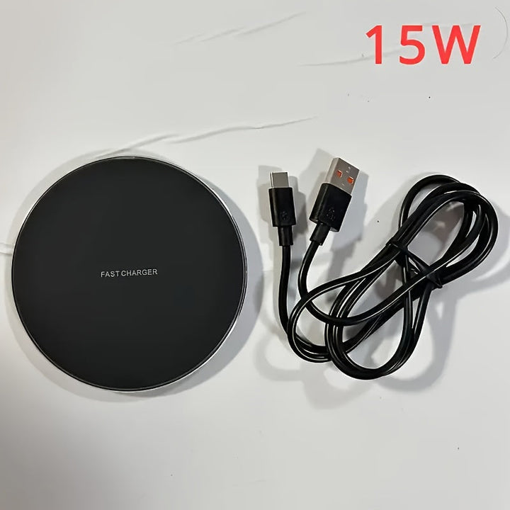 High-speed universal wireless charger for smartphones. Fast charging pad for iPhone & Android desk setup.