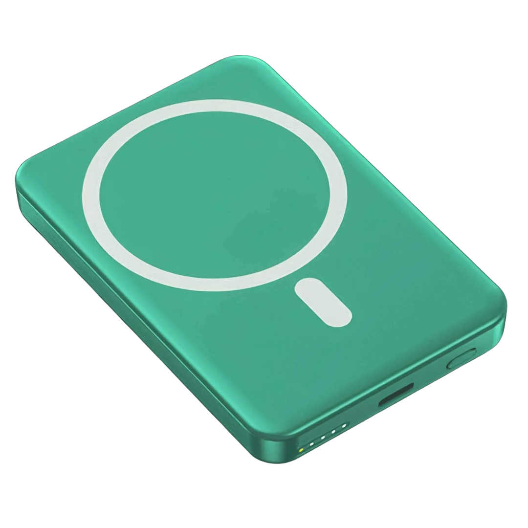 Compact magnetic wireless power bank, essential smartphone accessory for travel.
