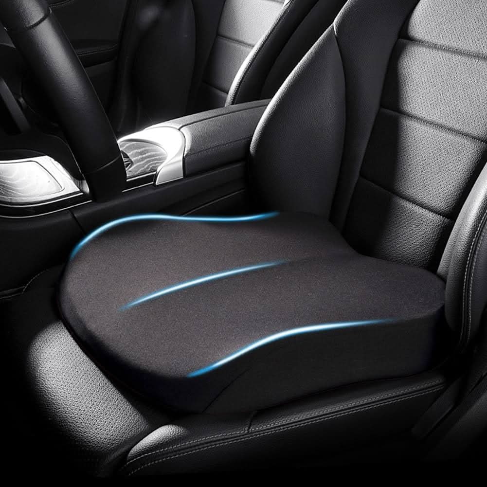 Universal memory foam car seat cushion for superior driving comfort & back support. Non-slip design.